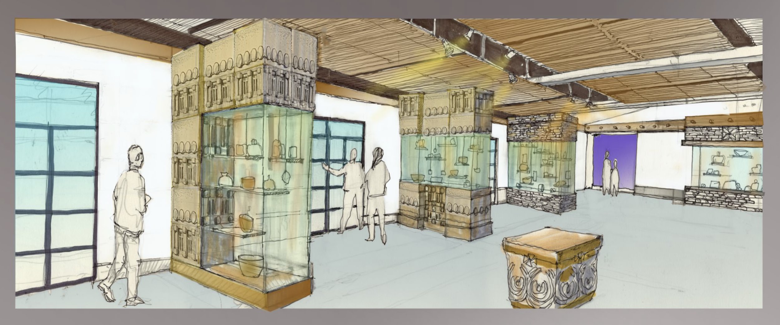 Hand-rendered architectural sketch by Massimiliano Lipperi showing the proposed Axum museum gallery: glass display cases, Axumite-inspired façade panels, and visitors moving through a softly lit hall.