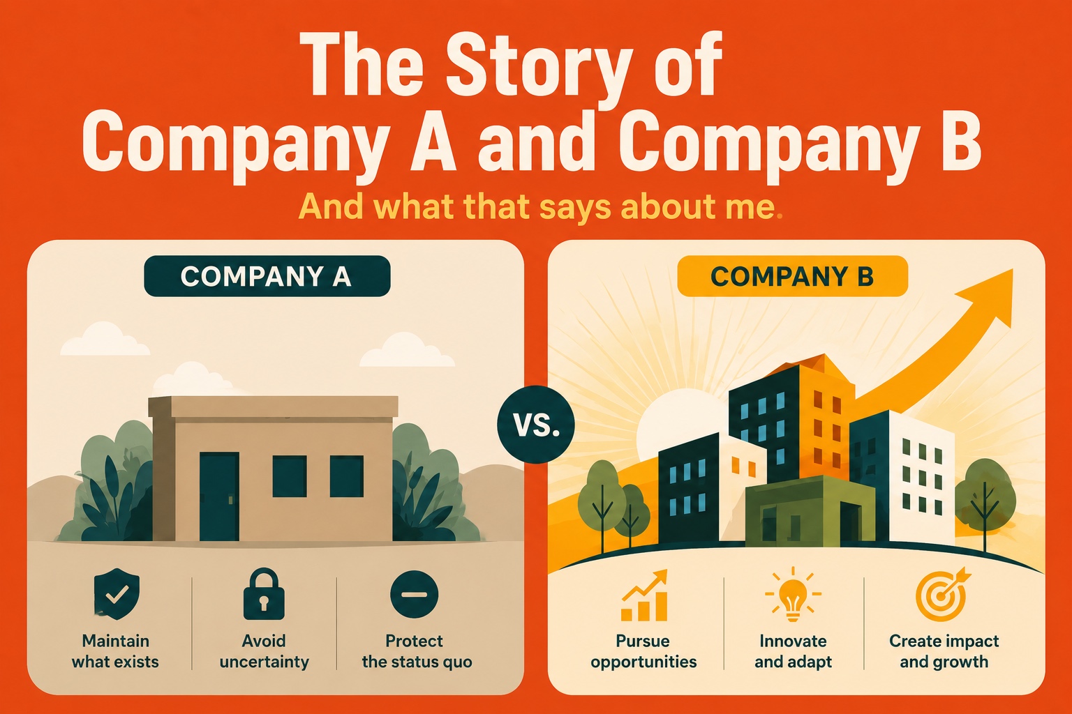 Two-panel illustration contrasting Company A, a small beige building with icons for maintain what exists, avoid uncertainty, and protect the status quo, against Company B, a rising skyline at sunrise with icons for pursue opportunities, innovate and adapt, and create impact and growth.