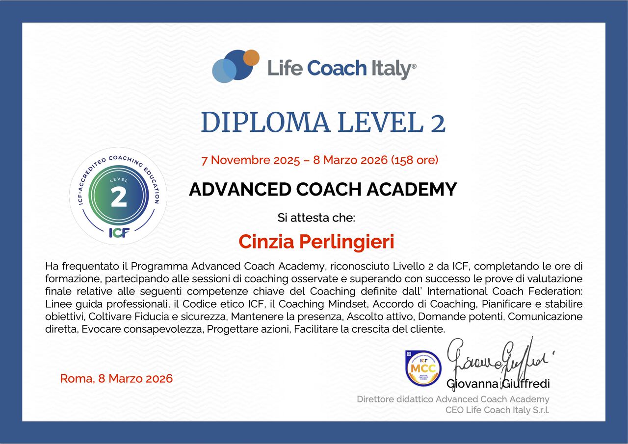 Diploma Level 2 from Life Coach Italy, Advanced Coach Academy, awarded to Cinzia Perlingieri for completing 158 hours of ICF-accredited coaching education.