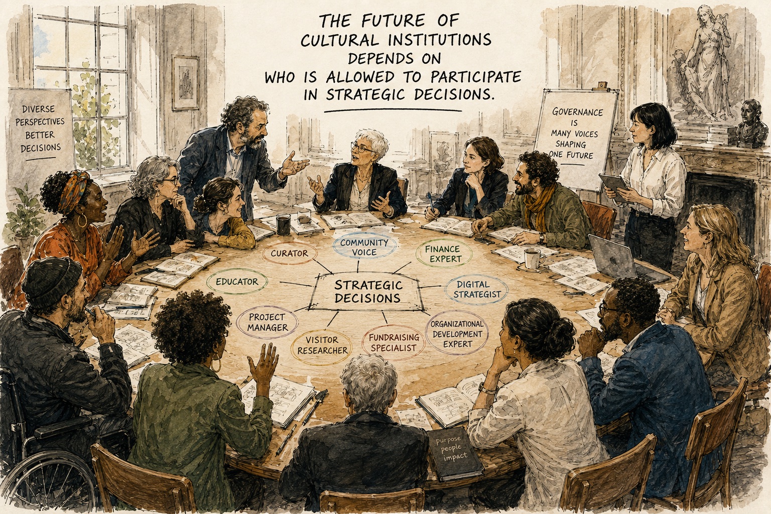 Watercolor illustration of a diverse group of professionals seated around a round table in an ornate museum boardroom. Labelled roles including Curator, Community Voice, Finance Expert, Digital Strategist, Educator, Project Manager, Visitor Researcher, Fundraising Specialist and Organizational Development Expert converge on Strategic Decisions at the centre. Hand-lettered header reads 'The future of cultural institutions depends on who is allowed to participate in strategic decisions.'