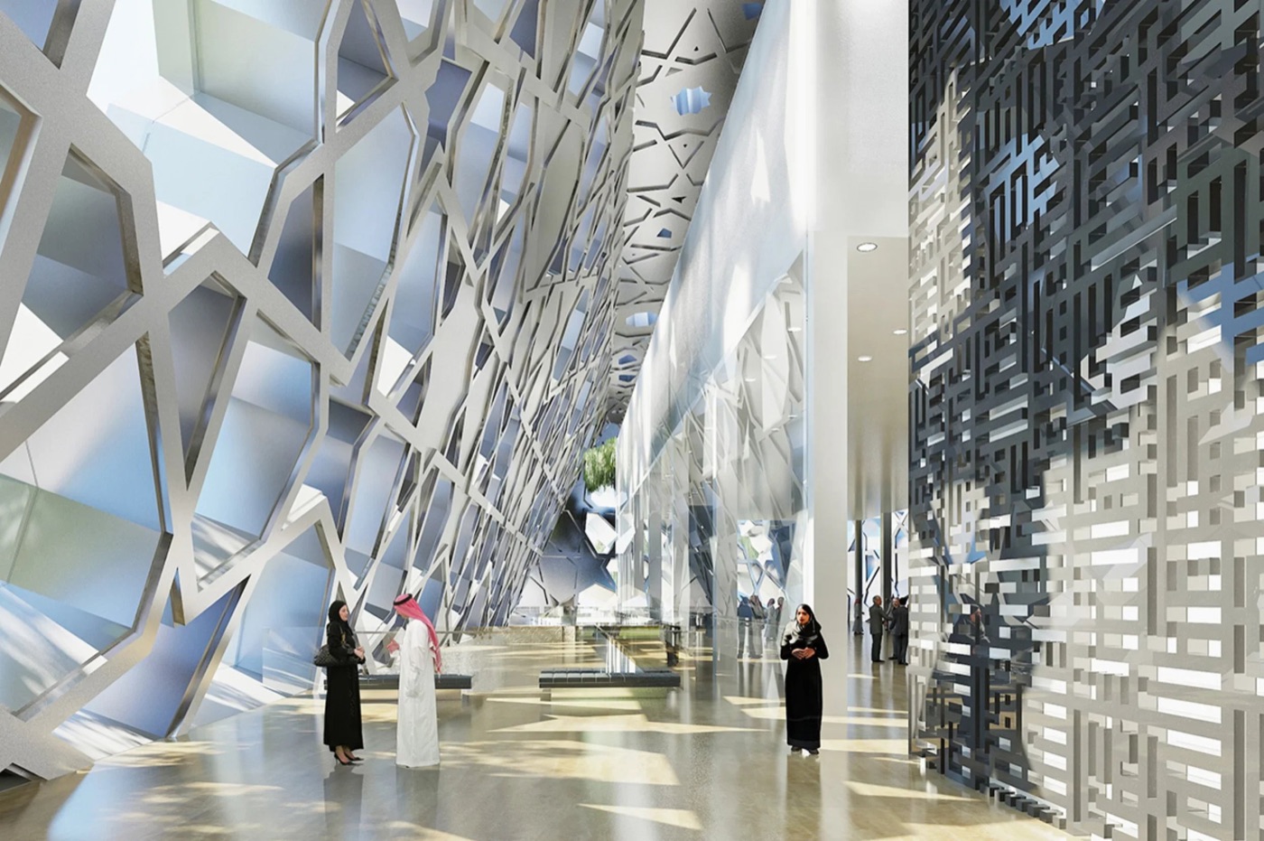 Architectural render of an interior atrium for the Kuwait National Cultural District, with lattice walls and visitors