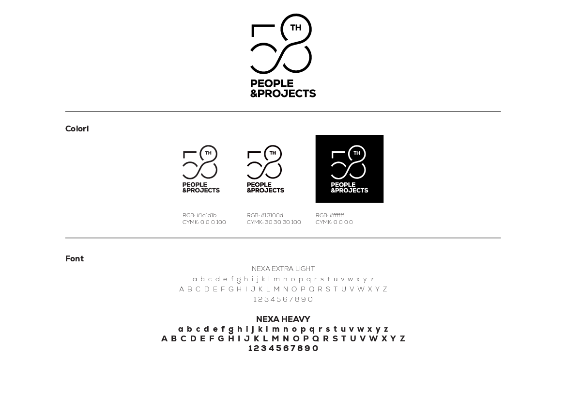 Page from the logo PDF: the 58th logo in black, white and on a black square, with the typeface specimen below